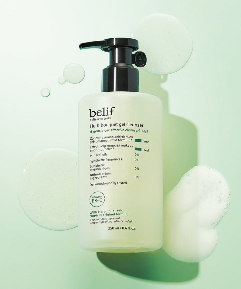 BELIF Herb Bouguet Gel Cleanser 250ml bottle on green background with foamy bubbles.