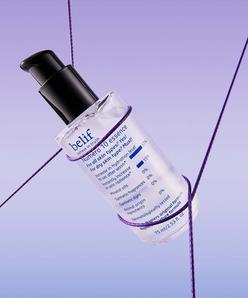 BELIF Numero 10 Essence 75ml, hydrating serum bottle on purple background