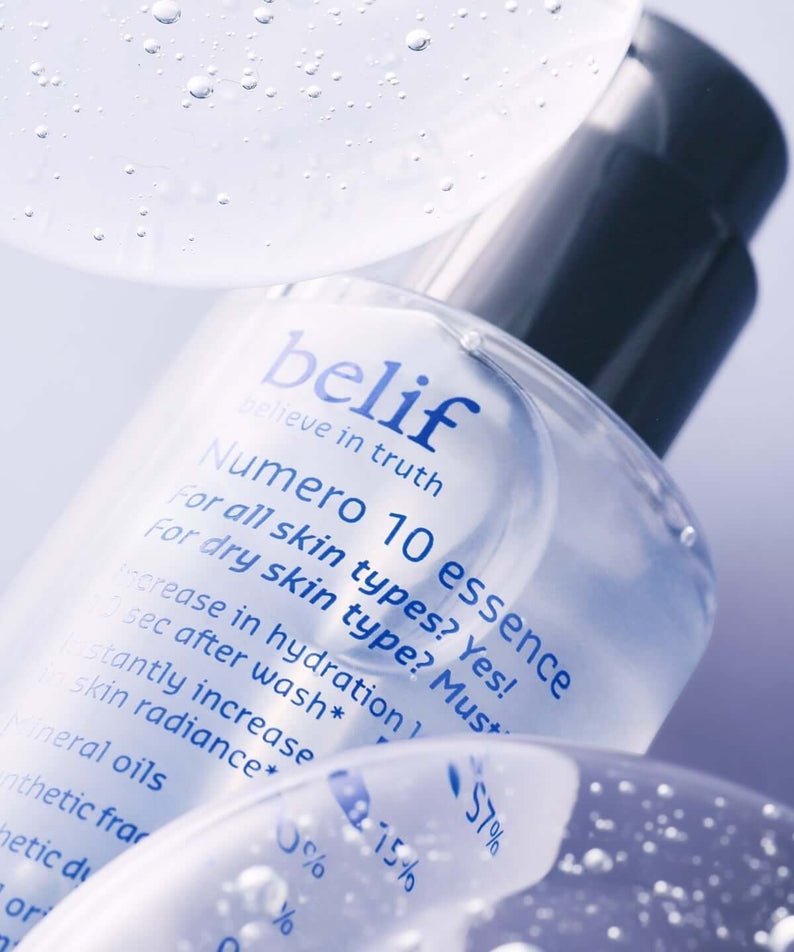 BELIF Numero 10 Essence 75ml hydrating serum bottle with droplets near cap