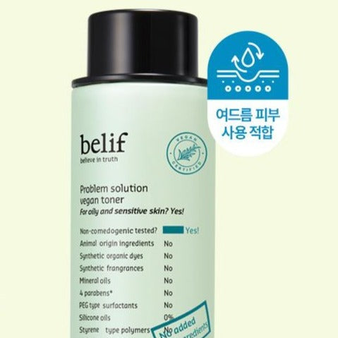 BELIF Problem Solution Vegan Toner 150ml, cruelty-free skincare for oily and sensitive skin with natural ingredients.