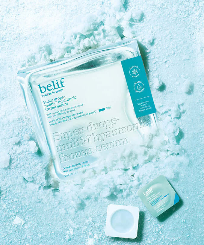 BELIF Super Drop Frozen Serum 5ml on a snowy background showcasing the packaging and product details prominently for skincare enthusiasts.