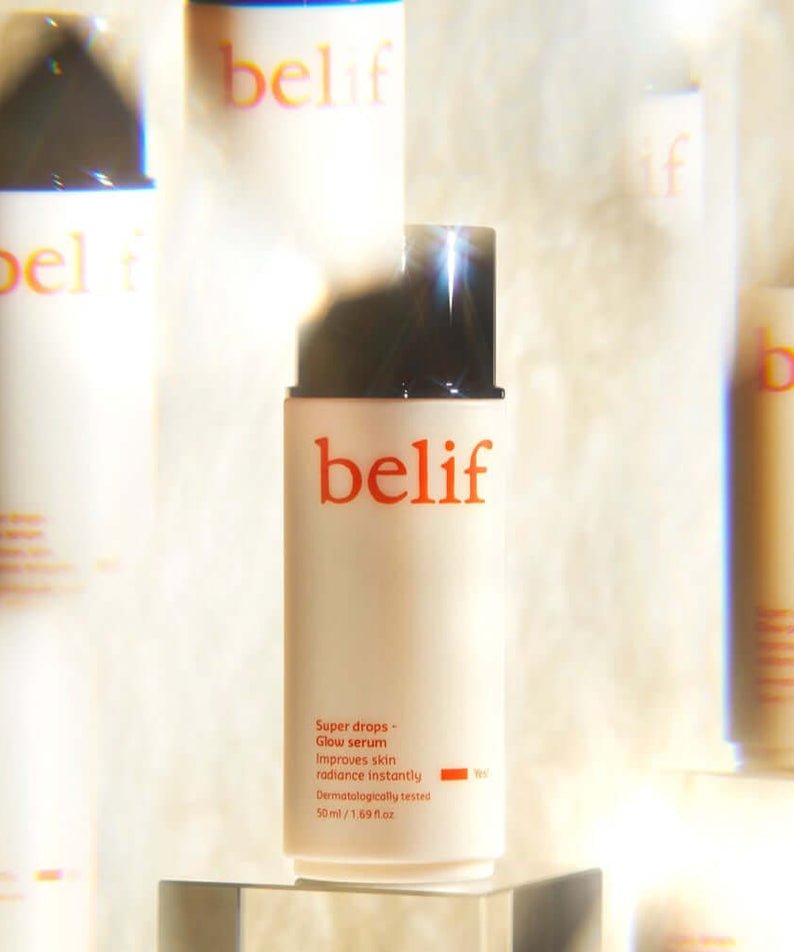 BELIF Super Drops Glow Serum 50ml bottle on display, highlighting skincare benefits