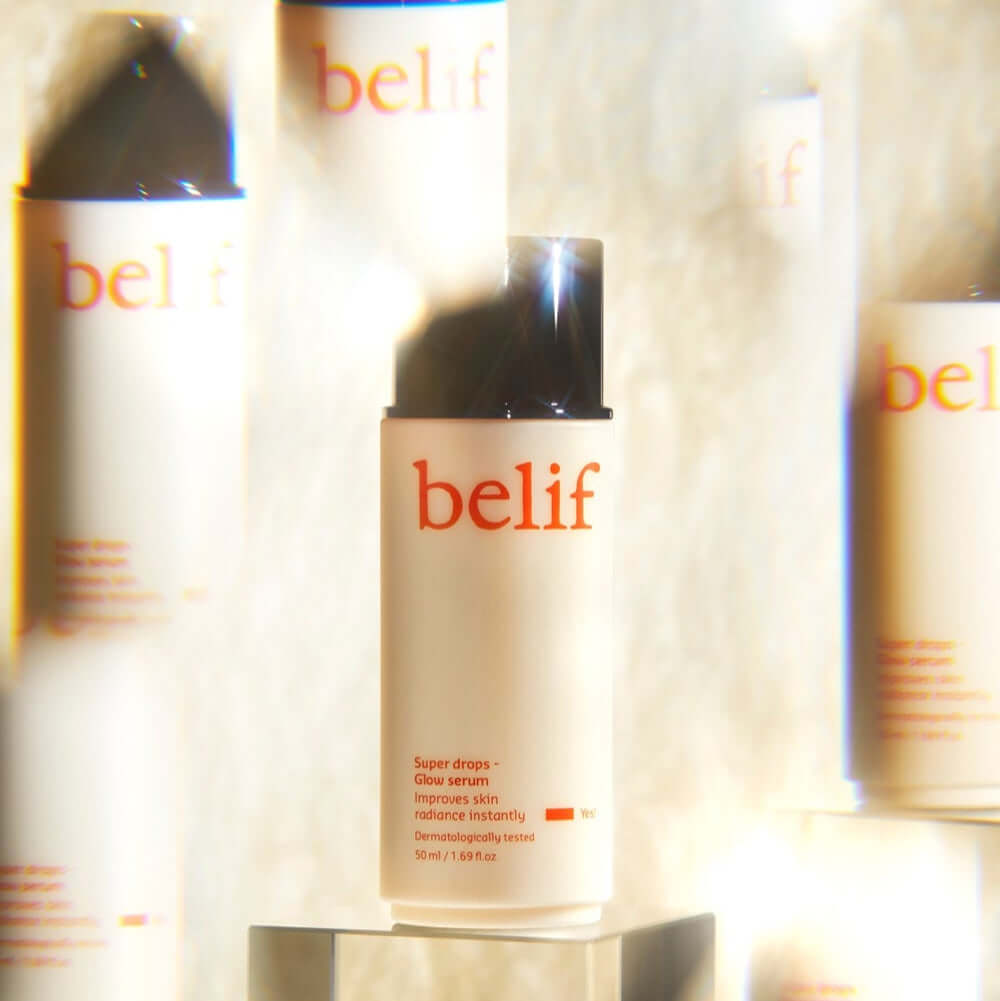 BELIF Super Drops Glow Serum 50ml bottle on display, highlighting skincare benefits