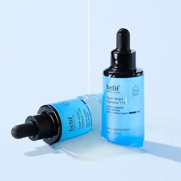 BELIF Super Drops-Hyalucid 11% 30ml serum bottle on blue background
