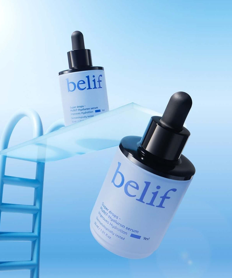 BELIF Super Drops Multi 7-Hyaluron Serum 30ml displayed with blue background and ladder