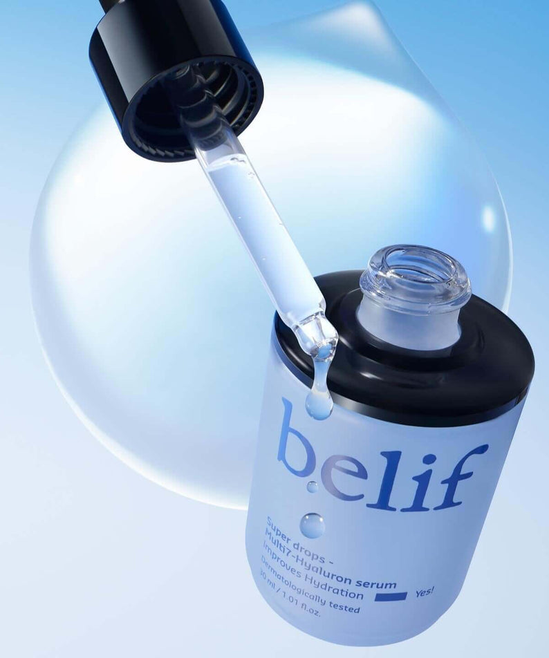 BELIF Super Drops Multi 7-Hyaluron Serum 30ml with dropper and clear blue backdrop