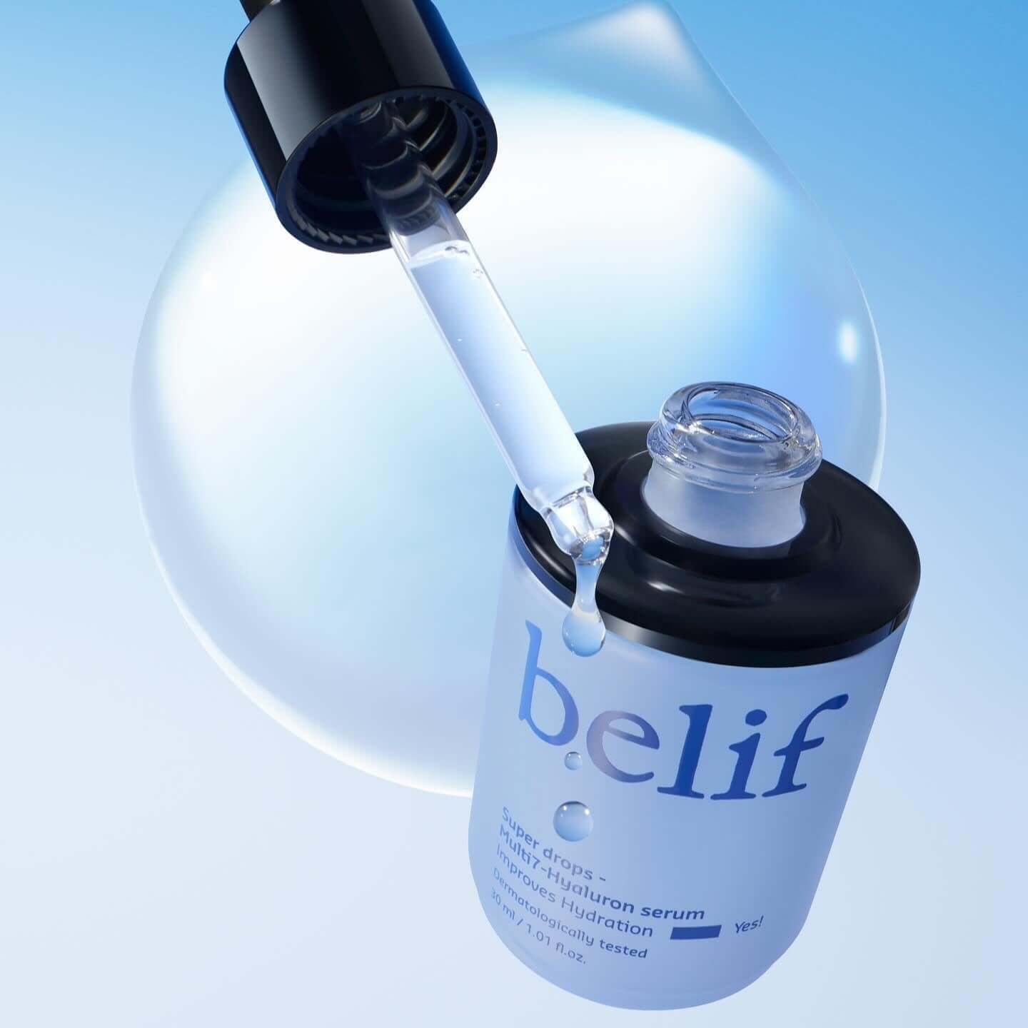 BELIF Super Drops Multi 7-Hyaluron Serum 30ml with dropper and clear blue backdrop