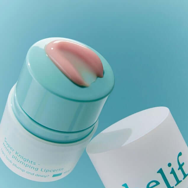 BELIF Super Knight Mint Plumping Lipcerine in a teal bottle with product swatch, blue background.