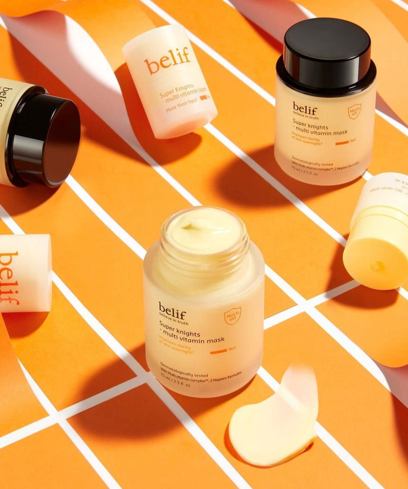 BELIF Super Knights Multi Vitamin Mask 75ml shown in aesthetically pleasing arrangement with open and closed jars on a patterned surface.