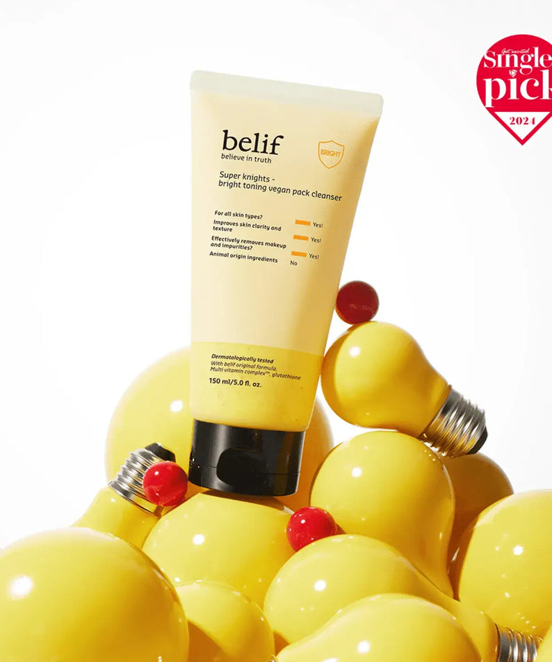 BELIF Super Knights bright Toning Vegan Pack Cleanser 150ml tube on yellow bulb background