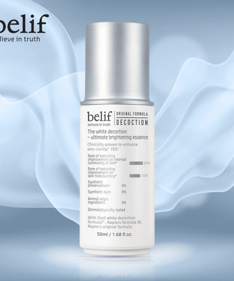 BELIF The White Decoction-Ultimate Brightening Essence 50ml bottle with product details in front of a wavy background