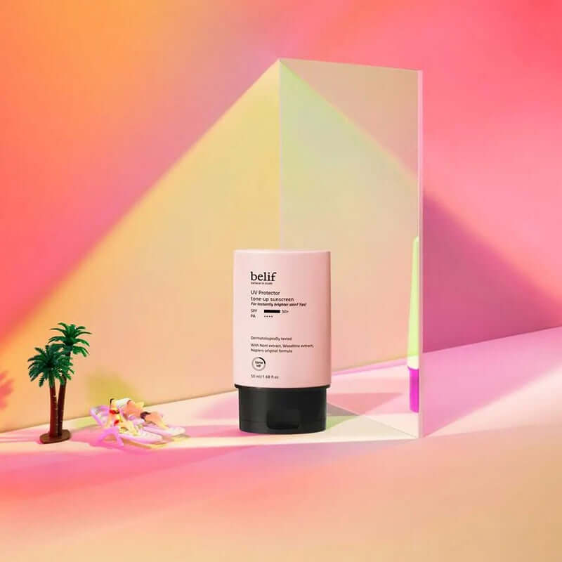 BELIF UV Protector Tone-up Sunscreen 50ml with vibrant background