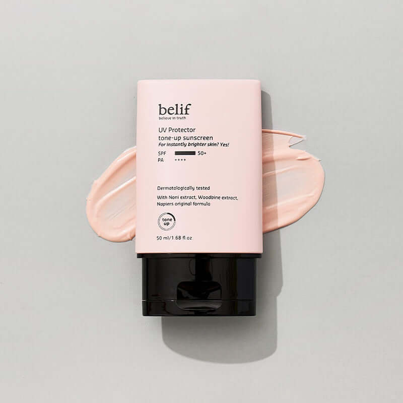 BELIF UV Protector Tone-up Sunscreen 50ml bottle with swatches on a gray background