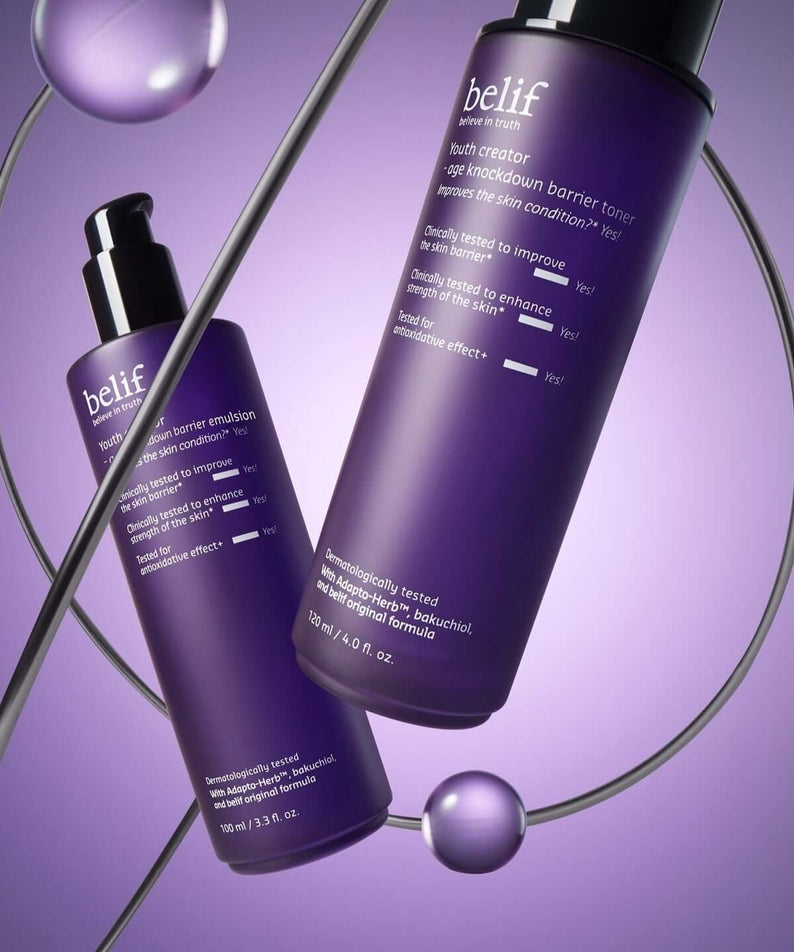 BELIF Youth Creator Age Knockdown Barrirer Emulsion 100ml bottle on purple background with elegant packaging.