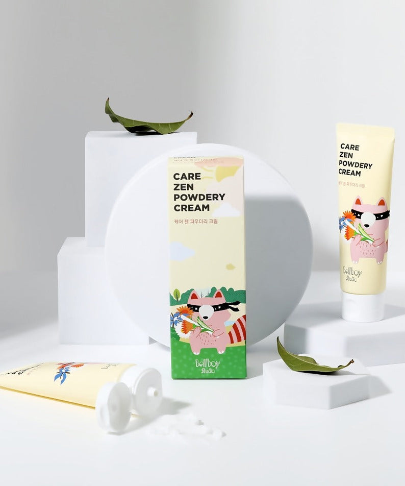 BELLBOY STUDIO Care Zen Powdery Cream 120ml product display with packaging and cream tubes.