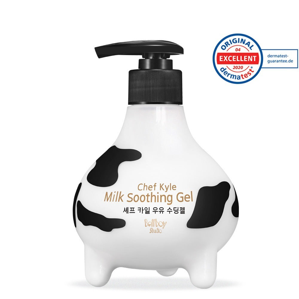 BELLBOY STUDIO Chef Kyle Milk Soothing Gel 300ml bottle with cow print design and Dermatest certification