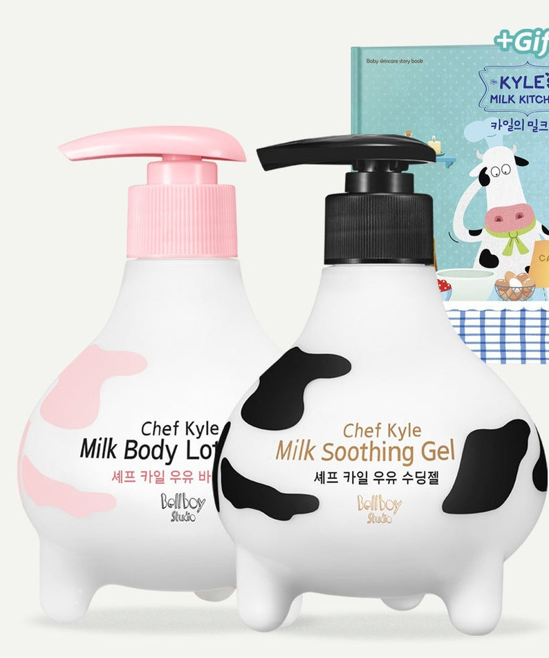 BELLBOY STUDIO Chef Kyle Soothing 2 Piece Set with pink milk body lotion and black milk soothing gel bottles.