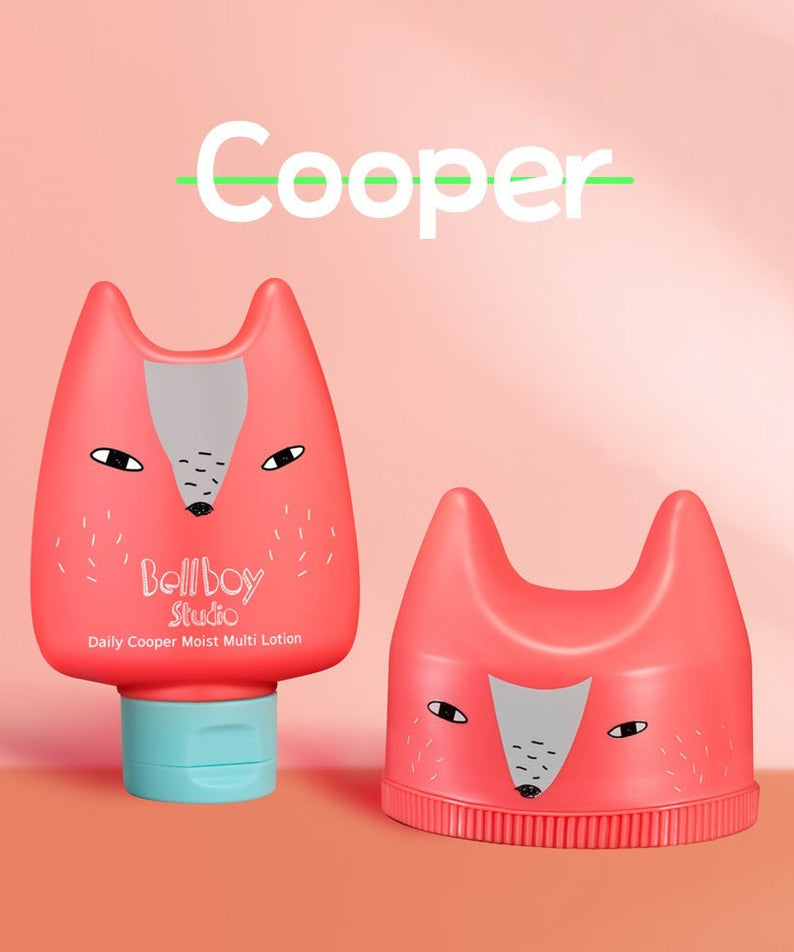 BELLBOY STUDIO Daily Cooper Moisture Enhancement 2-piece Set with fox design bottles on a pink background.