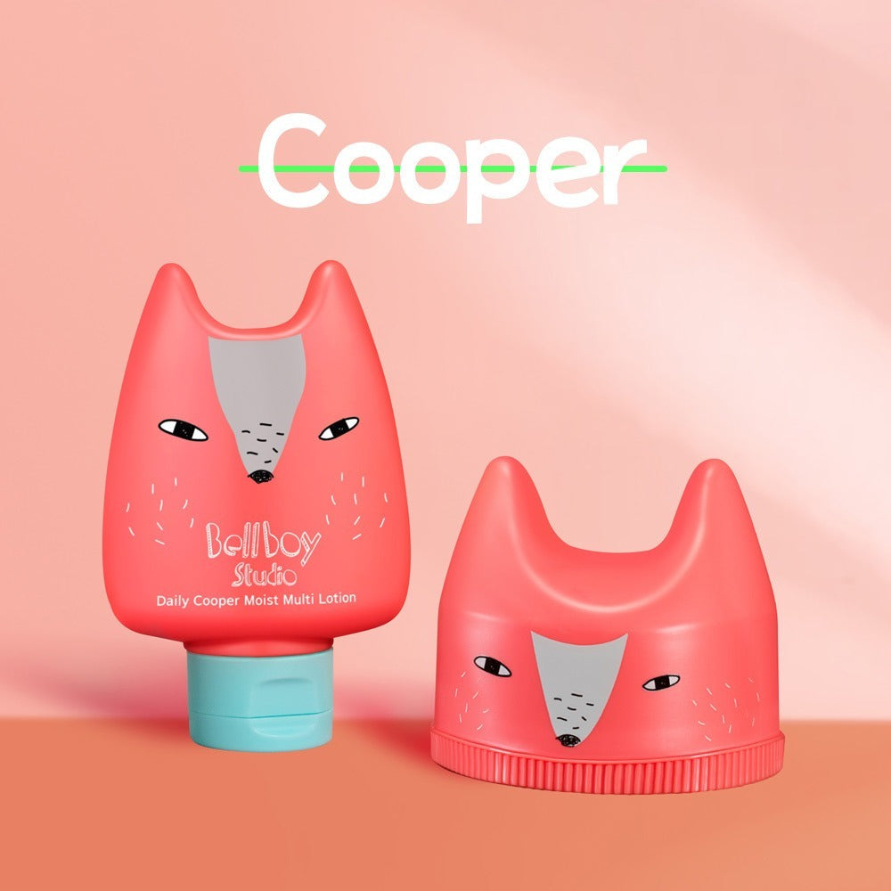 BELLBOY STUDIO Daily Cooper Moisture Enhancement 2-piece Set with fox design bottles on a pink background.