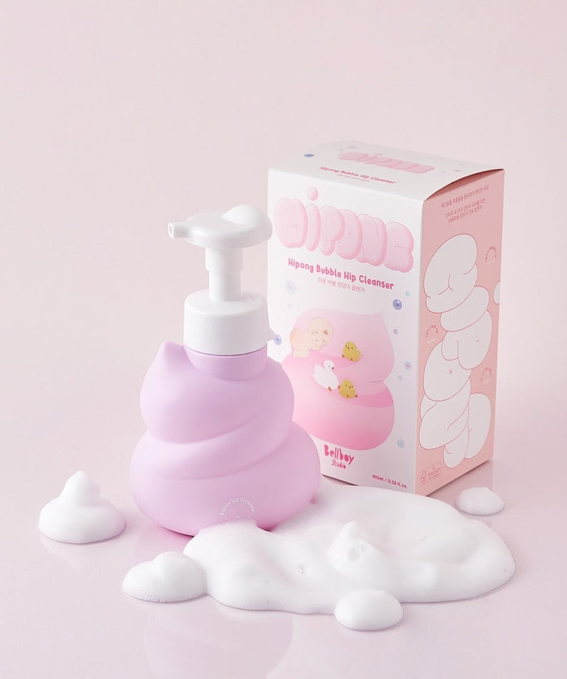 BELLBOY STUDIO Hippong Bubble Butt Cleanser in pink bottle with foamy bubbles, perfect for gentle skin cleansing routine.