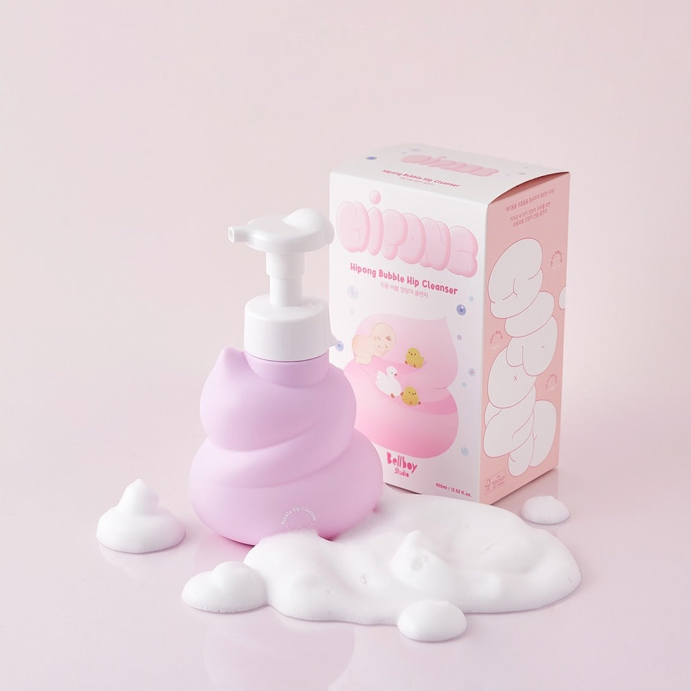 BELLBOY STUDIO Hippong Bubble Butt Cleanser in pink bottle with foamy bubbles, perfect for gentle skin cleansing routine.