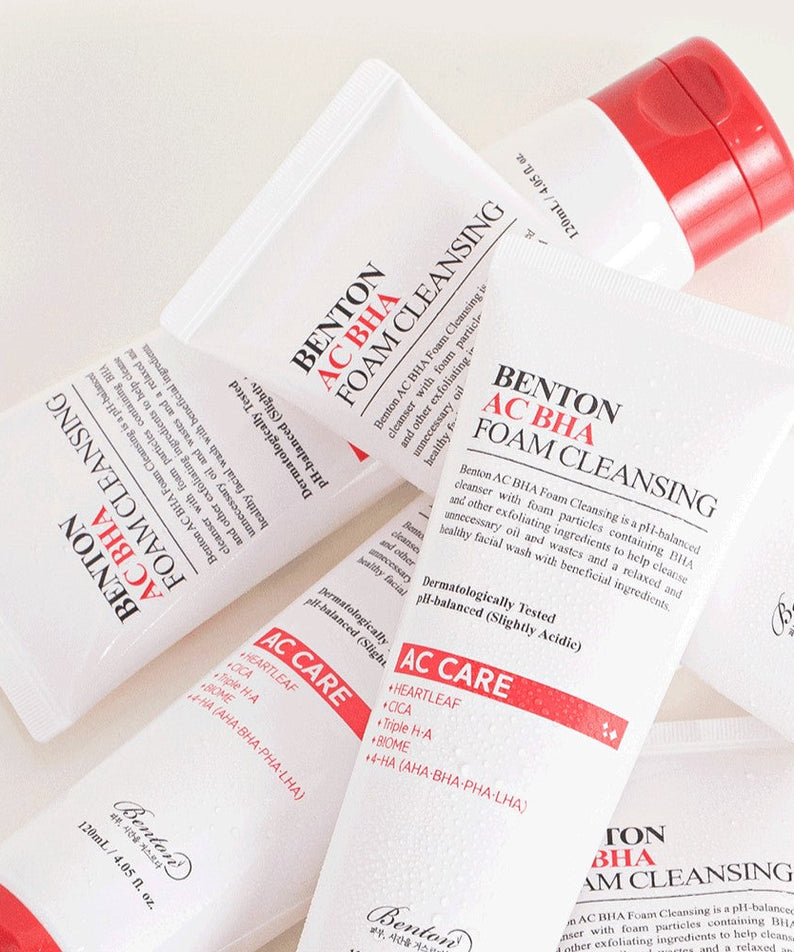 BENTON AC BHA Foam Cleansing 120ml tubes with red caps, suitable for skincare routine.
