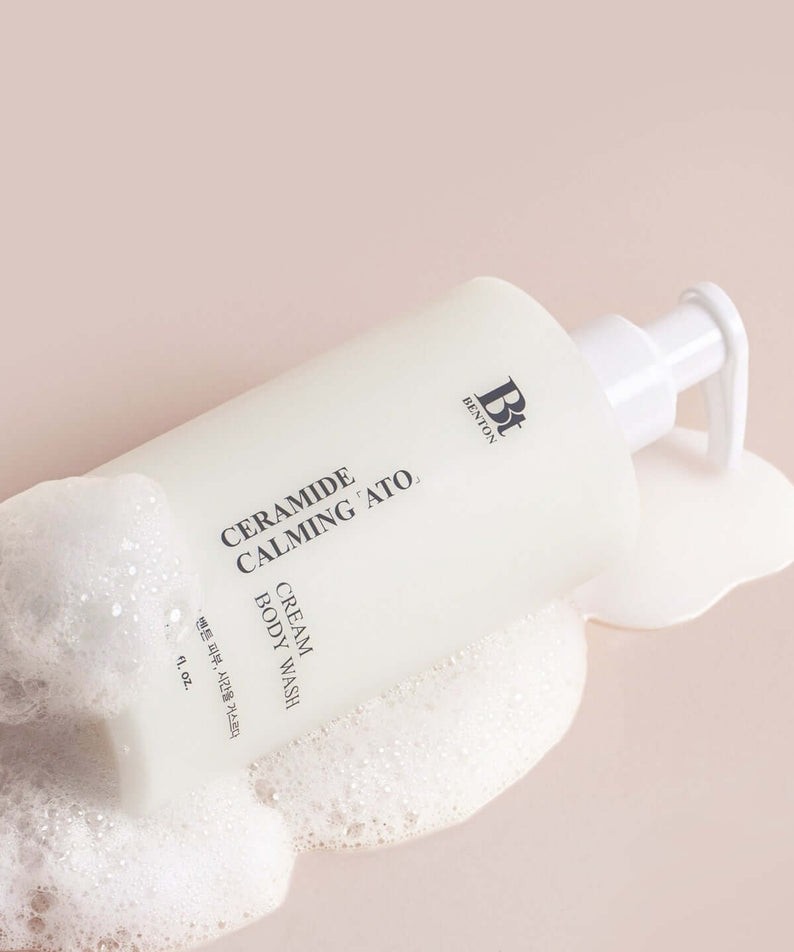 BENTON Ceramide Calming Ato Cream Body Wash 300ml bottle with foam showcasing moisturizing and soothing formula.