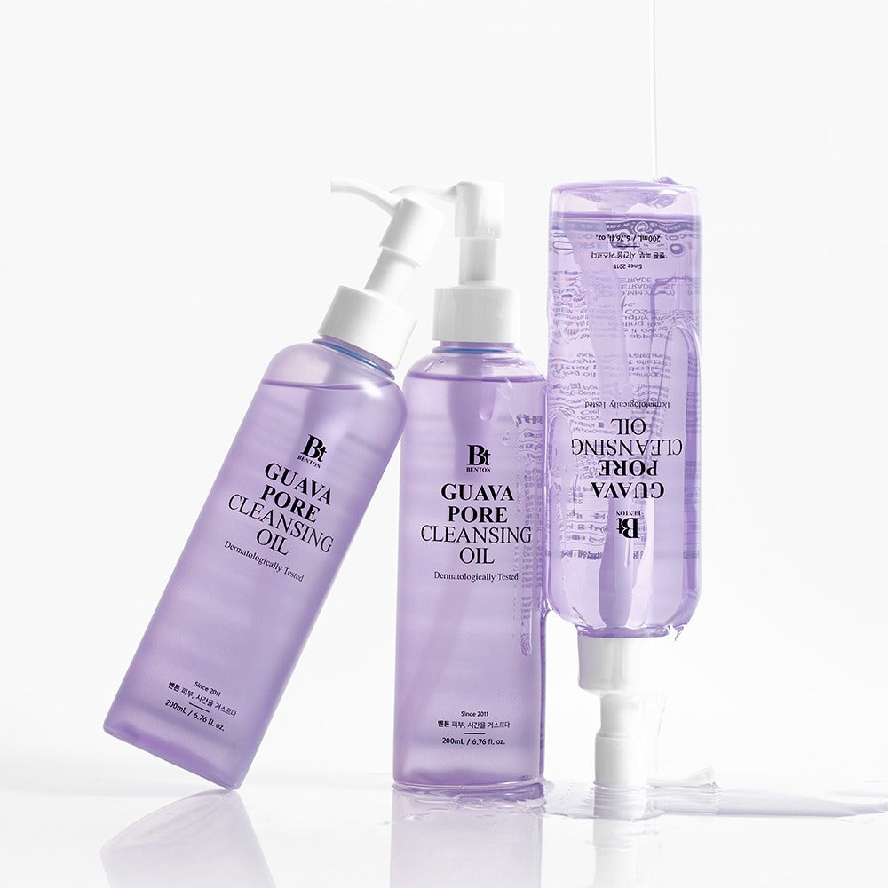 BENTON Guava Blackhead Pore Cleansing Oil 200ml bottles with pump dispenser.