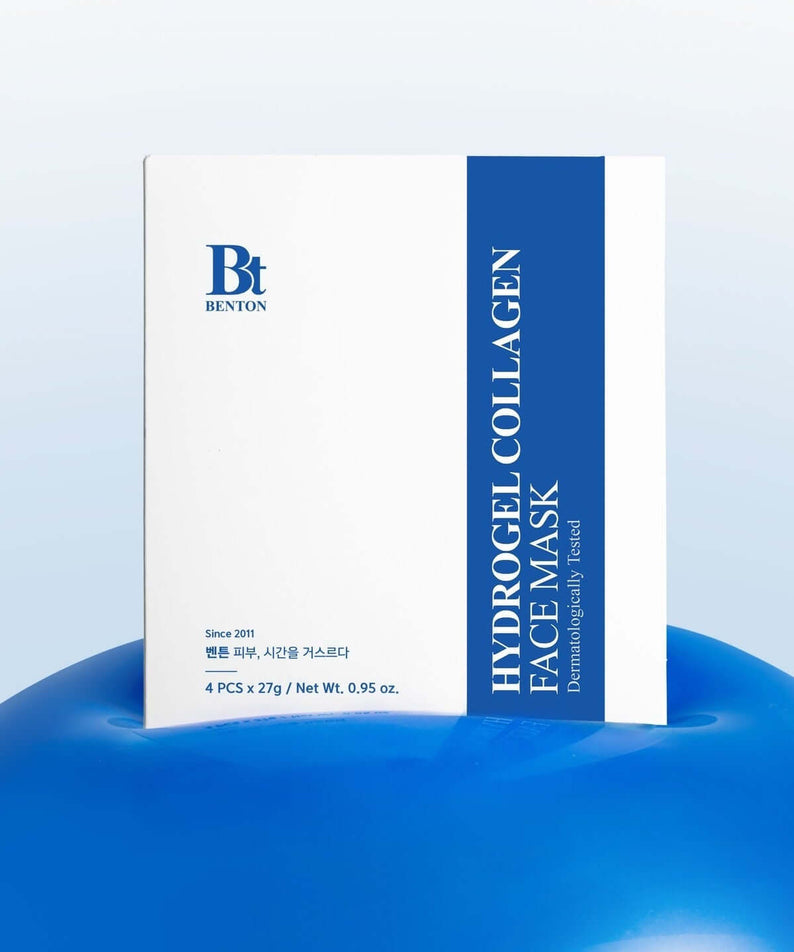 BENTON Hydrogel Collagen Mask Pack 27g x4 packaging on a blue surface