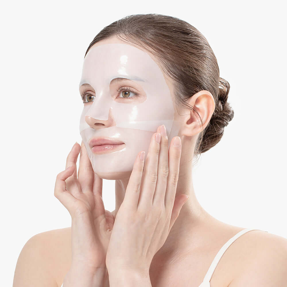 Person applying BENTON Hydrogel Collagen Mask Pack 27g x4, showcasing skincare product benefits and usage.