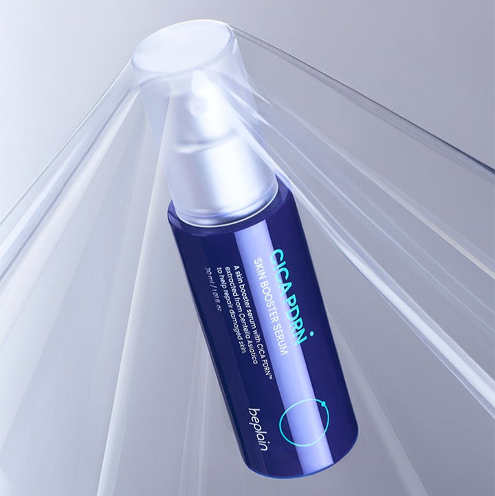 BEPLAIN Cica PDRN Skin Booster Serum 30ml with cap on, surrounded by transparent material for clarity in design.