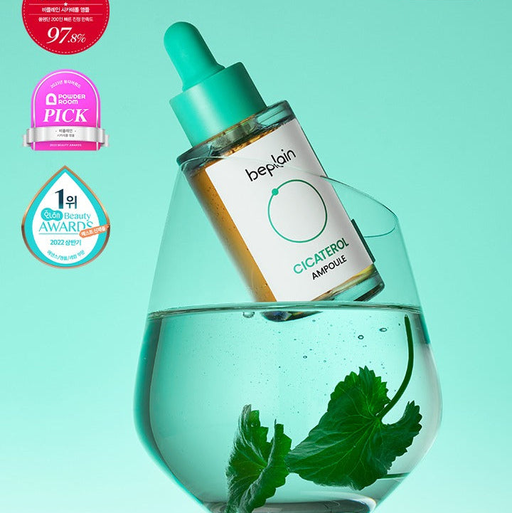 BEPLAIN Cicaterol Ampoule 30ml product image with awards and mint leaf in the background.