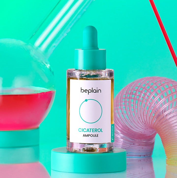 BEPLAIN Cicaterol Ampoule 30ml with colorful background and scientific theme elements.