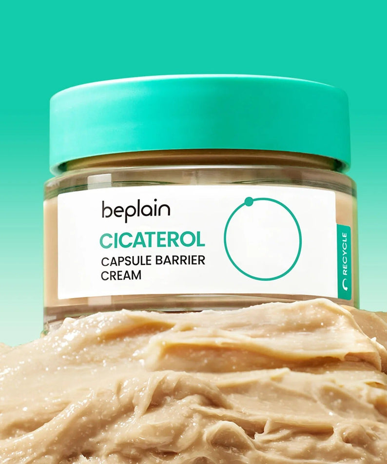 Product image of BEPLAIN Cicaterol Capsule Barrier Cream 50ml jar with cream texture against a teal background.