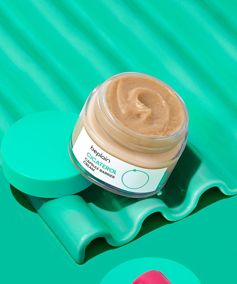 BEPLAIN Cicaterol Capsule Barrier Cream 50ml jar on teal background