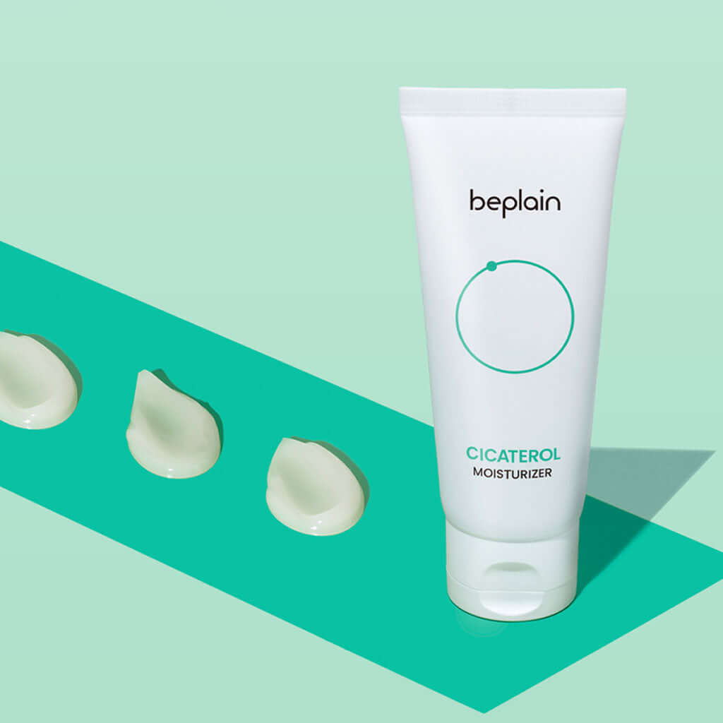 BEPLAIN Cicaterol Cream tube on green background with cream swatches
