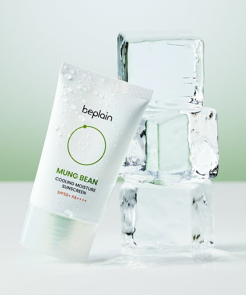 BEPLAIN Green Bean Cooling Moisture Sun Cream 50ml beside ice cubes on a green background