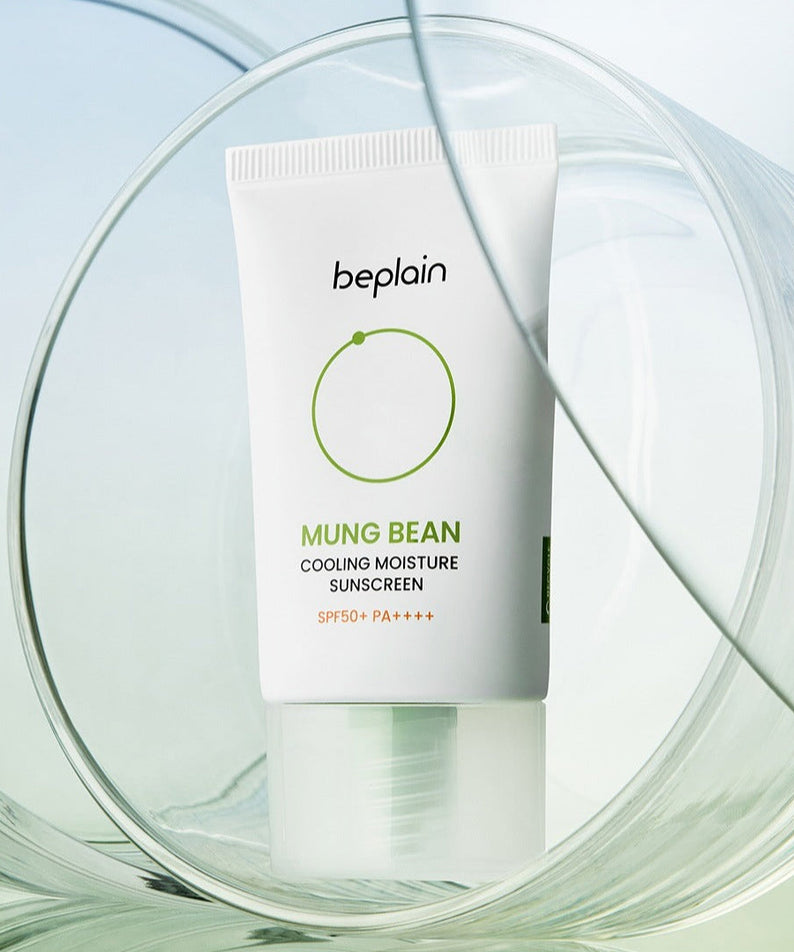 BEPLAIN Green Bean Cooling Moisture Sun Cream 50ml SPF50+ in a clear glass setting