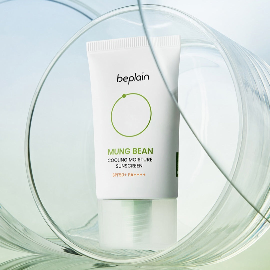 BEPLAIN Green Bean Cooling Moisture Sun Cream 50ml SPF50+ in a clear glass setting