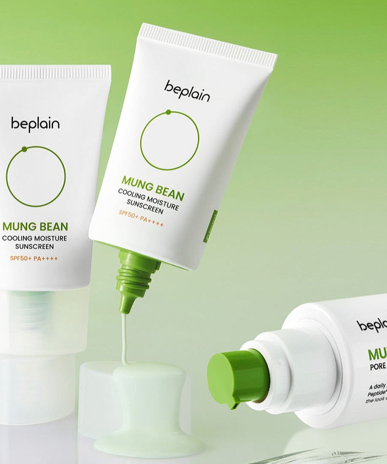 BEPLAIN Green Bean Cooling Moisture Sun Cream 50ml displayed with green background highlighting skin benefits.