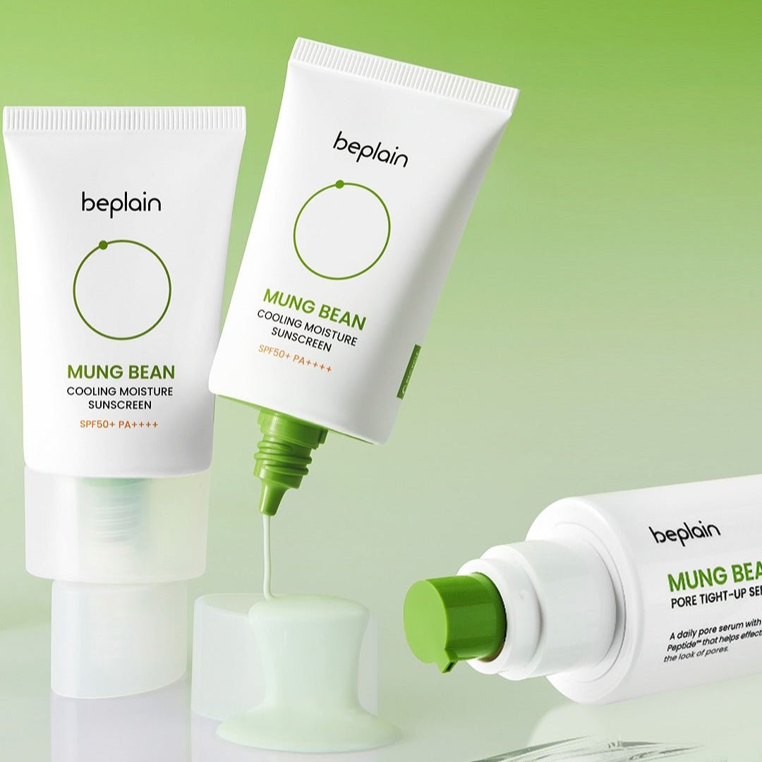 BEPLAIN Green Bean Cooling Moisture Sun Cream 50ml displayed with green background highlighting skin benefits.