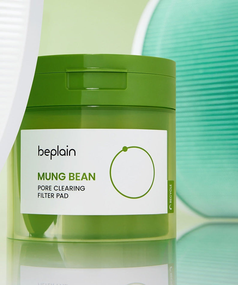 BEPLAIN Green Bean Pore Clearing Filter Pad 70 Sheets in a green container shown with textured background.