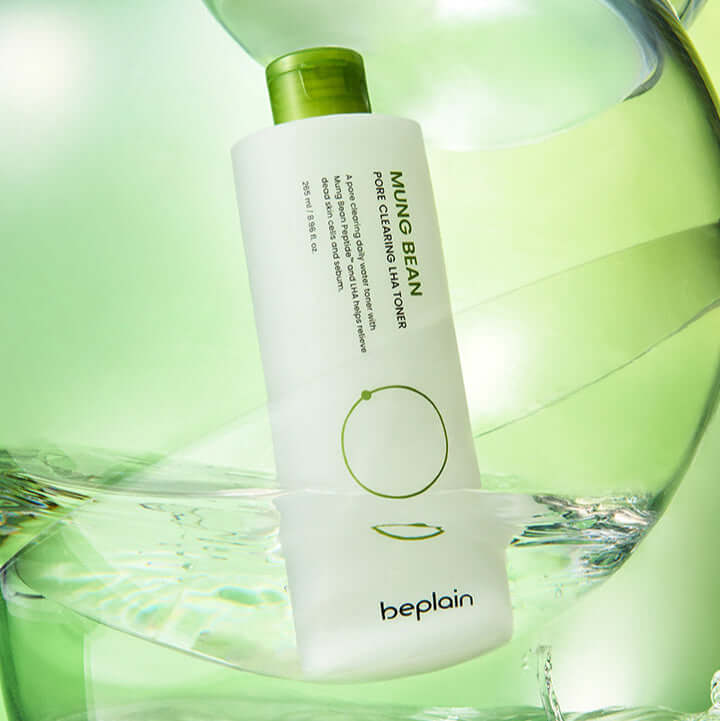 BEPLAIN Green Bean Pore Clearing LHA Toner 265ml in green liquid background, promoting skin care benefits.