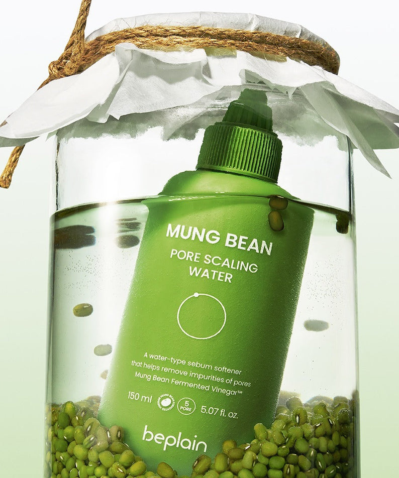BEPLAIN Green Bean Pore Scaling Water 150ml product image with green bottle and mung beans