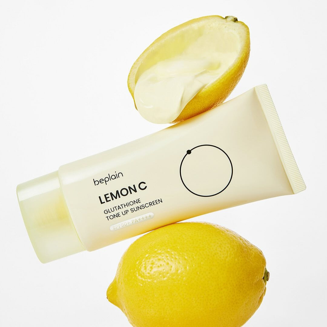 BEPLAIN Lemon Seed Glutathione Tone-up Sun Cream 50ml with fresh lemon on white background