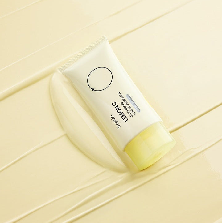 BEPLAIN Lemon Seed Glutathione Tone-up Sun Cream 50ml tube on creamy background
