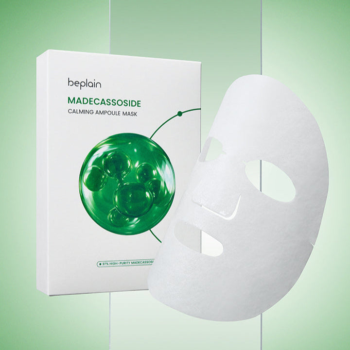 BEPLAIN Madecassoside Calming Ampoule Mask 5 Sheets packaging and sheet mask on green background