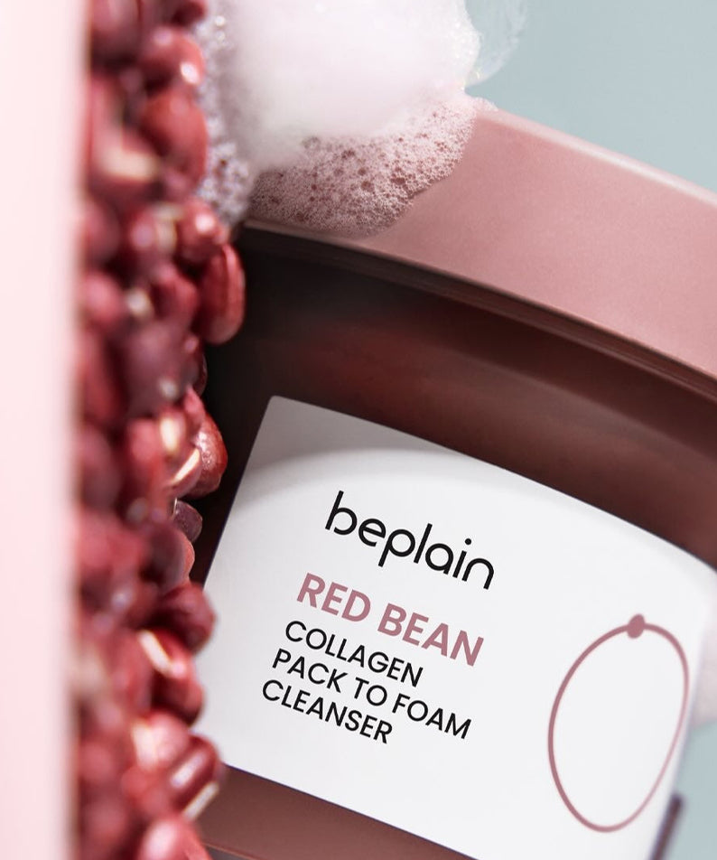 Image of BEPLAIN Red Bean Collagen Pack-to-Foam Cleanser 100ml with red beans and foam.