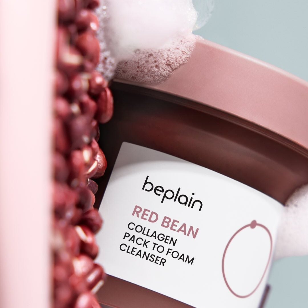 Image of BEPLAIN Red Bean Collagen Pack-to-Foam Cleanser 100ml with red beans and foam.