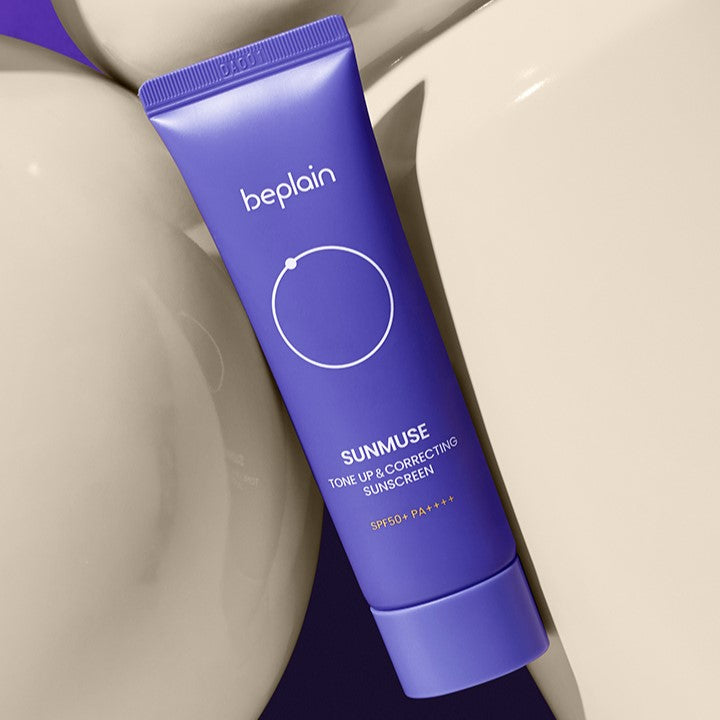 BEPLAIN Sunmuse Tone Up and Correcting Sunscreen SPF50+ PA++++ 50ml tube on abstract background